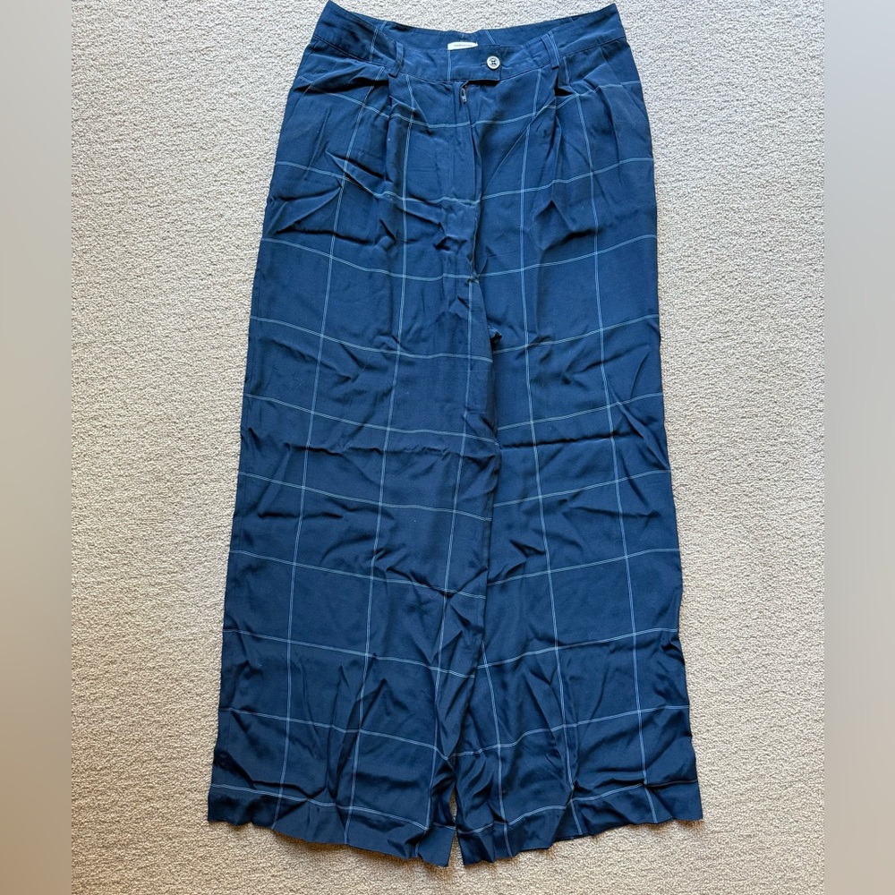 Manoush Navy Blue Plaid Wide Leg Career Wear size EU 40 US 10 high rise